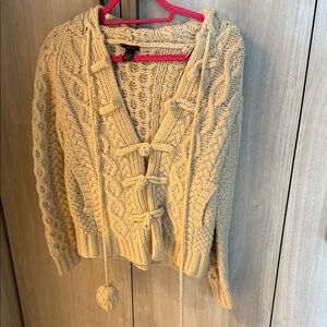 Only Mine Cream Cable Knit V-Neck Sweater with Pom-Tie Details